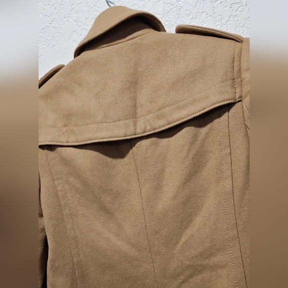 Women's Wool Blend Pea Coat Ruffle Hem Tan Khaki Camel Winter Coat XS - Picture 3 of 15